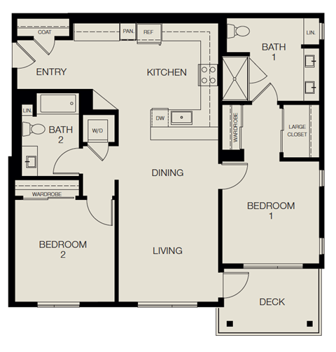 Floor plan for 2 beds, 2 baths, 1117 sqft